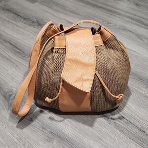 Vintage RARE Brio Taupe/Olive Knit Camel Leather Drawstring Bucket Satchel